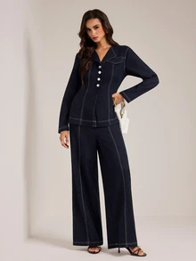 SHEIN Tall Women's Single-Breasted Long Sleeve Blazer And Pants Suit Set - Navy Blue - View 6