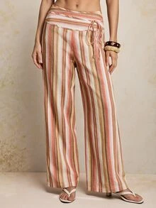 SHEIN Tall Women's Striped Wide Leg Loose Casual Long Pants With Waist Tie - Multicolor - View 3