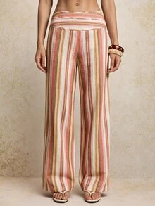 SHEIN Tall Women's Striped Wide Leg Loose Casual Long Pants With Waist Tie - Multicolor - View 5