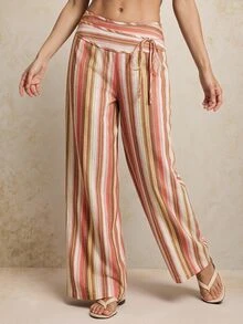 SHEIN Tall Women's Striped Wide Leg Loose Casual Long Pants With Waist Tie - Multicolor - View 4