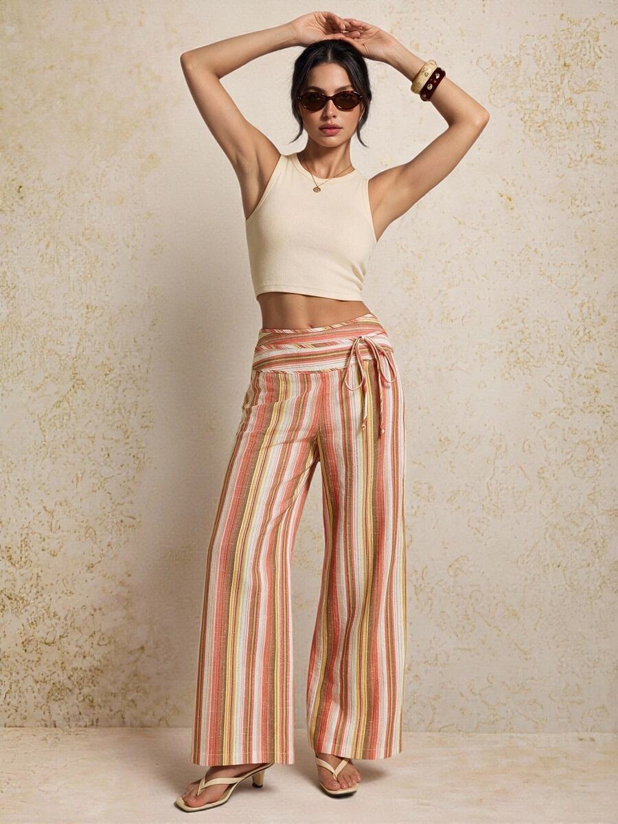 SHEIN Tall Women's Striped Wide Leg Loose Casual Long Pants With Waist Tie - Multicolor - View 1