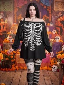SHEIN ICON 大尺碼 Y2K 哥德風性感骷髏印花寬肩開衩迷你洋裝，萬聖節露肩洋裝，秋季夜晚派對，黑白配色 - 黑色 - 查看 2