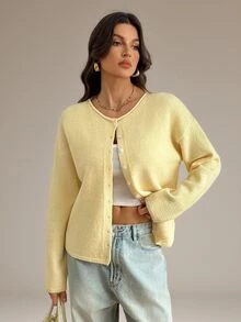 SHEIN Tall Kardigan Rajut Kasual Wanita, Musim Gugur/Dingin - Kuning muda - View 8