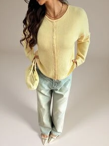 SHEIN Tall Kardigan Rajut Kasual Wanita, Musim Gugur/Dingin - Kuning muda - View 1