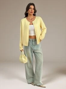 SHEIN Tall Kardigan Rajut Kasual Wanita, Musim Gugur/Dingin - Kuning muda - View 3