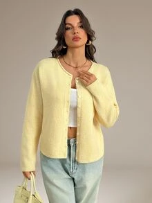 SHEIN Tall Kardigan Rajut Kasual Wanita, Musim Gugur/Dingin - Kuning muda - View 7