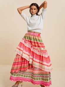 LOTSLUV Omen's Summer Pink Green Striped Patchwork Maxi Skirt,Multi-Layer Ruffle Hem,Elastic Waist,Boho, Elegant,Commute,Picnic,Vacation Outfits Women - Multicolor - View 1