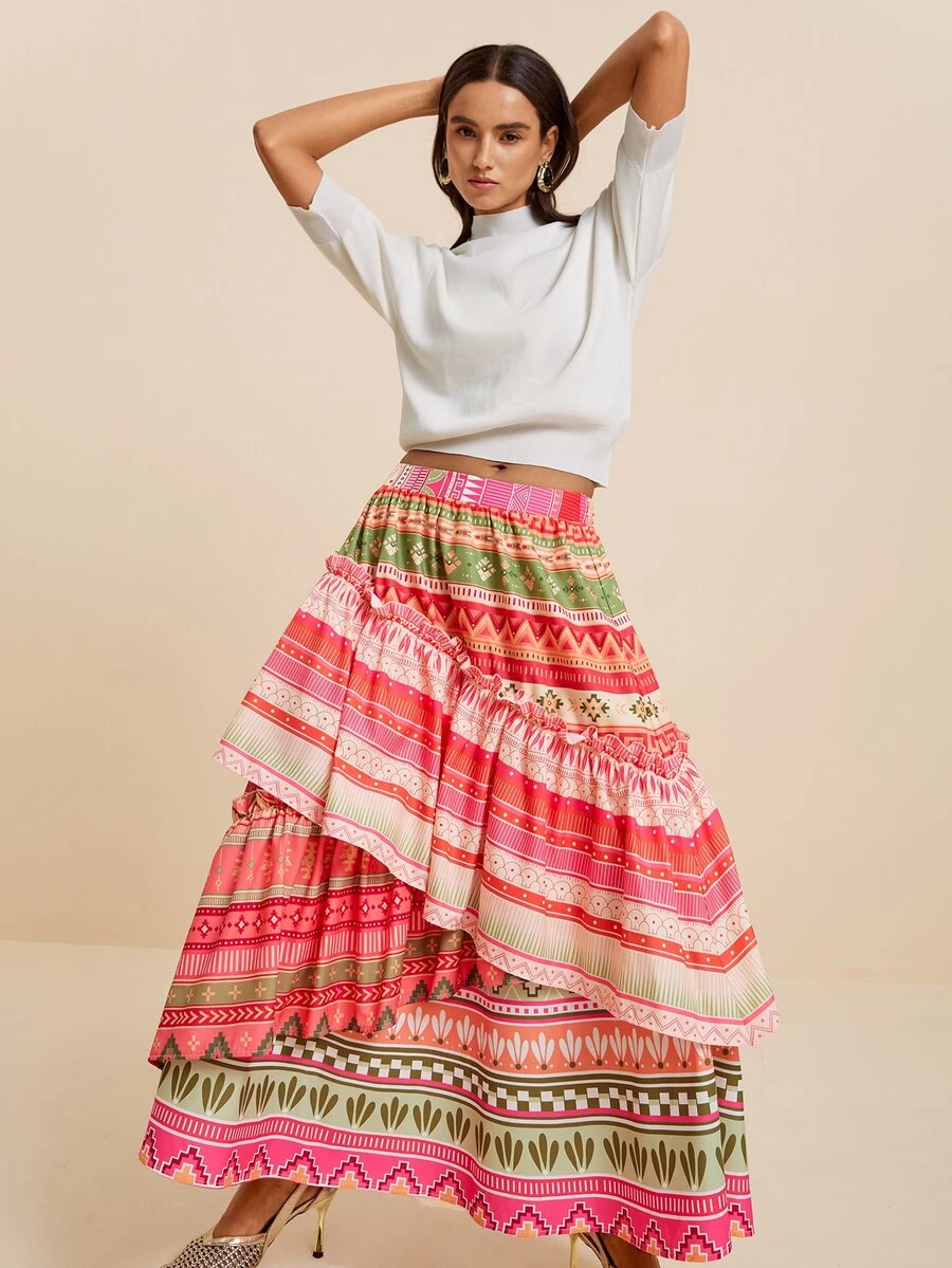 LOTSLUV Omen's Summer Pink Green Striped Patchwork Maxi Skirt,Multi-Layer Ruffle Hem,Elastic Waist,Boho, Elegant,Commute,Picnic,Vacation Outfits Women - Multicolor - View 1