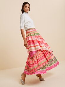 LOTSLUV Omen's Summer Pink Green Striped Patchwork Maxi Skirt,Multi-Layer Ruffle Hem,Elastic Waist,Boho, Elegant,Commute,Picnic,Vacation Outfits Women - Multicolor - View 5