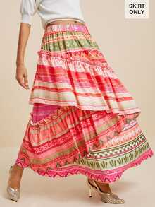 LOTSLUV Omen's Summer Pink Green Striped Patchwork Maxi Skirt,Multi-Layer Ruffle Hem,Elastic Waist,Boho, Elegant,Commute,Picnic,Vacation Outfits Women - Multicolor - View 6