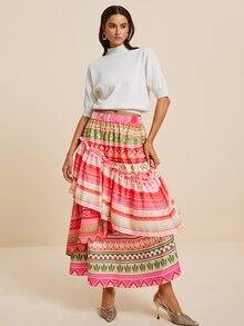 LOTSLUV Omen's Summer Pink Green Striped Patchwork Maxi Skirt,Multi-Layer Ruffle Hem,Elastic Waist,Boho, Elegant,Commute,Picnic,Vacation Outfits Women - Multicolor - View 7