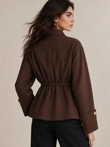 CielaLinda Women's Brown Zip-Up Jacket With Metal Button Placket And Waist Drawstring, Casual Outerwear, Trench - Brown - View 2