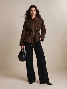 CielaLinda Women's Brown Zip-Up Jacket With Metal Button Placket And Waist Drawstring, Casual Outerwear, Trench - Brown - View 6
