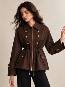 CielaLinda Women's Brown Zip-Up Jacket With Metal Button Placket And Waist Drawstring, Casual Outerwear, Trench - Brown - View 5