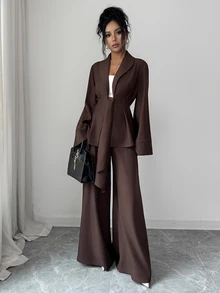 Elenzga Elegant Commute Bell Sleeve Waist-Cinching Blazer & Wide Leg Pants Suit Set - Brown - View 7