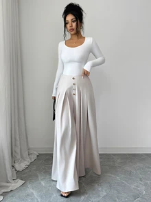 Elenzga Holiday Workplace Commute Elegant High Waist Button Pleated Wide Leg Long Suit Pants Solid Color Light Blue Elegant Romantic Women's Long Pants - Apricot - View 8