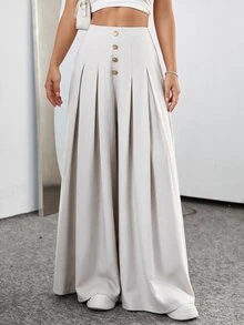 Elenzga Holiday Workplace Commute Elegant High Waist Button Pleated Wide Leg Long Suit Pants Solid Color Light Blue Elegant Romantic Women's Long Pants - Apricot - View 2
