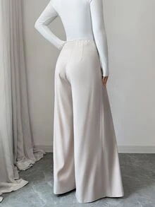 Elenzga Holiday Workplace Commute Elegant High Waist Button Pleated Wide Leg Long Suit Pants Solid Color Light Blue Elegant Romantic Women's Long Pants - Apricot - View 3