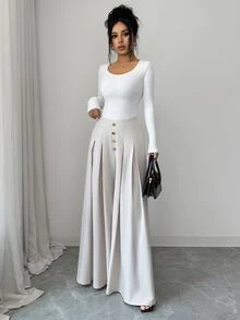 Elenzga Holiday Workplace Commute Elegant High Waist Button Pleated Wide Leg Long Suit Pants Solid Color Light Blue Elegant Romantic Women's Long Pants - Apricot - View 5