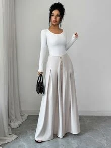 Elenzga Holiday Workplace Commute Elegant High Waist Button Pleated Wide Leg Long Suit Pants Solid Color Light Blue Elegant Romantic Women's Long Pants - Apricot - View 6
