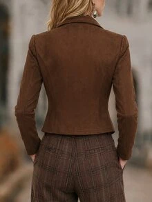 LUMIGAL Women's Coffee Brown Suede Embroidered Long Sleeve Jacket With Lapel - Coffee Brown - View 2