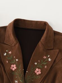 LUMIGAL Women's Coffee Brown Suede Embroidered Long Sleeve Jacket With Lapel - Coffee Brown - View 3