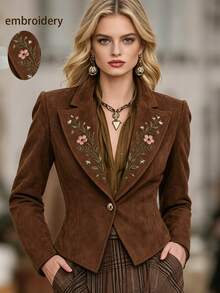 LUMIGAL Women's Coffee Brown Suede Embroidered Long Sleeve Jacket With Lapel - Coffee Brown - View 1
