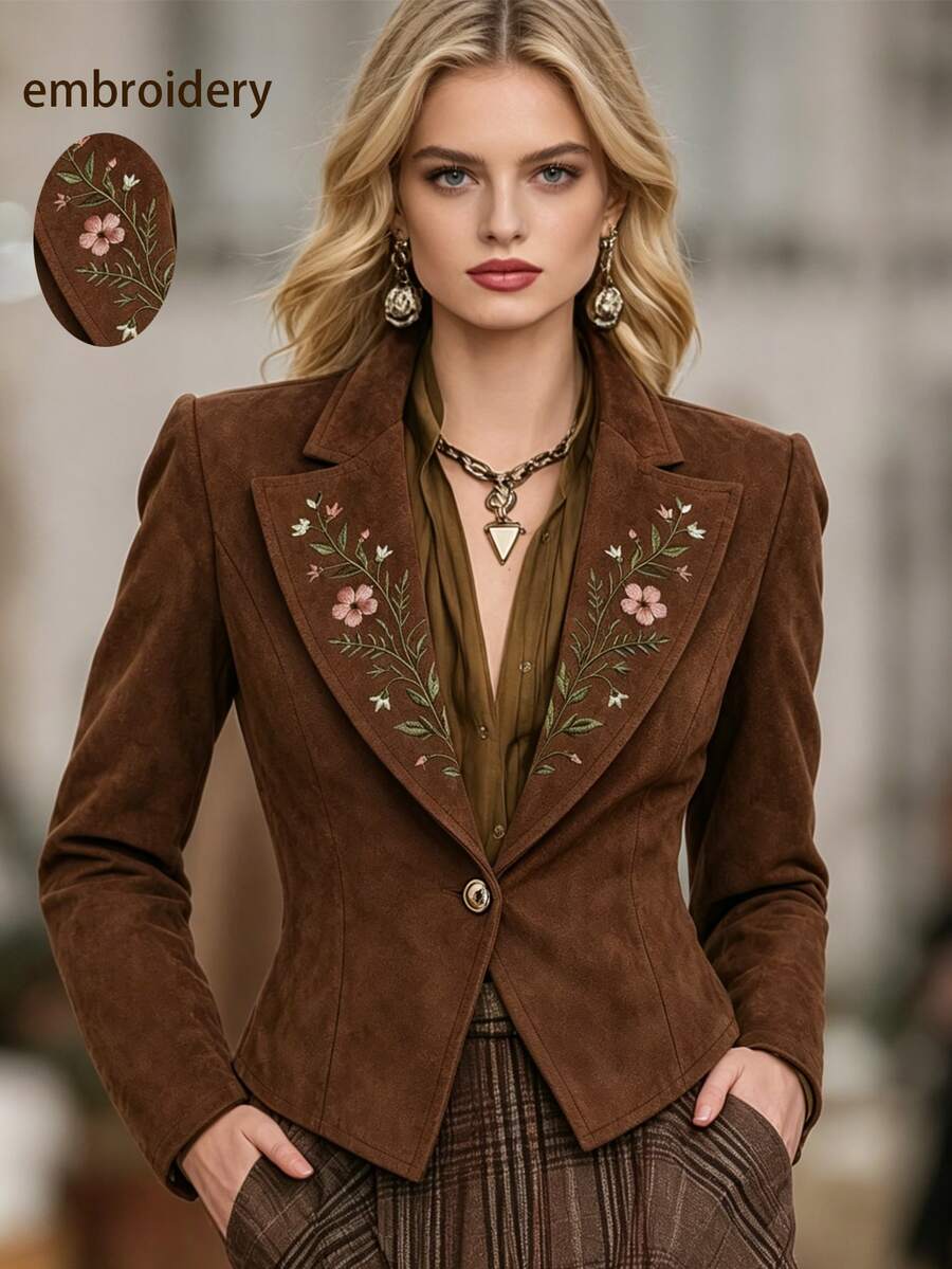 LUMIGAL Women's Coffee Brown Suede Embroidered Long Sleeve Jacket With Lapel - Coffee Brown - View 1