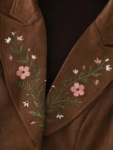 LUMIGAL Women's Coffee Brown Suede Embroidered Long Sleeve Jacket With Lapel - Coffee Brown - View 5