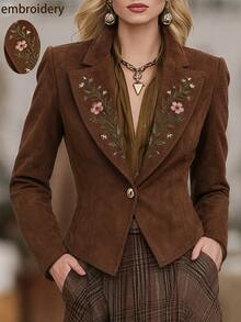 LUMIGAL Women's Coffee Brown Suede Embroidered Long Sleeve Jacket With Lapel - Coffee Brown - View 9