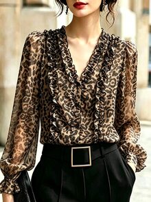 LUMIGAL Women's New Casual Sexy Elegant Commute Leopard Print Long Sleeve Blouse With Frill Trim Night Out Date Night Beige Summer - Brown - View 3