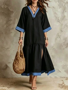 SHEIN Gaun Panjang Wanita Tenun Warna Polos Kontras Leher V Belahan Bawah Ruffle Kasual Boho Liburan Musim Gugur Gaun Hitam Panjang untuk Makan Siang Liburan - Hitam - View 8