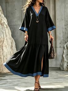 SHEIN Gaun Panjang Wanita Tenun Warna Polos Kontras Leher V Belahan Bawah Ruffle Kasual Boho Liburan Musim Gugur Gaun Hitam Panjang untuk Makan Siang Liburan - Hitam - View 1
