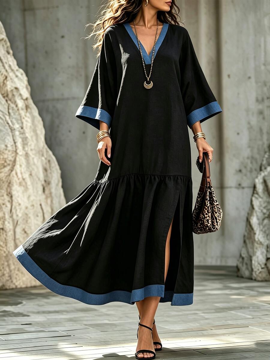 SHEIN Gaun Panjang Wanita Tenun Warna Polos Kontras Leher V Belahan Bawah Ruffle Kasual Boho Liburan Musim Gugur Gaun Hitam Panjang untuk Makan Siang Liburan - Hitam - View 1