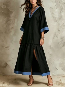 SHEIN Gaun Panjang Wanita Tenun Warna Polos Kontras Leher V Belahan Bawah Ruffle Kasual Boho Liburan Musim Gugur Gaun Hitam Panjang untuk Makan Siang Liburan - Hitam - View 6