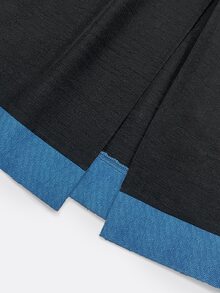 SHEIN Gaun Panjang Wanita Tenun Warna Polos Kontras Leher V Belahan Bawah Ruffle Kasual Boho Liburan Musim Gugur Gaun Hitam Panjang untuk Makan Siang Liburan - Hitam - View 4