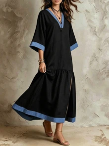 SHEIN Gaun Panjang Wanita Tenun Warna Polos Kontras Leher V Belahan Bawah Ruffle Kasual Boho Liburan Musim Gugur Gaun Hitam Panjang untuk Makan Siang Liburan - Hitam - View 7