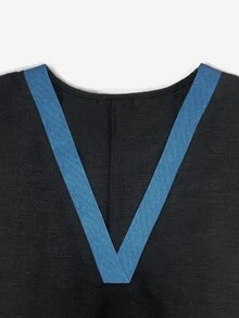 SHEIN Gaun Panjang Wanita Tenun Warna Polos Kontras Leher V Belahan Bawah Ruffle Kasual Boho Liburan Musim Gugur Gaun Hitam Panjang untuk Makan Siang Liburan - Hitam - View 5