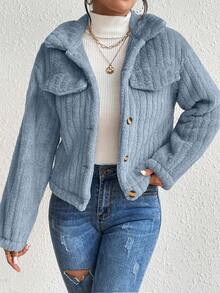 SHEIN LUNE Solid Color Front Button Casual Long Sleeve Jacket Fall Winter Cloth For Women - Blue - View 6