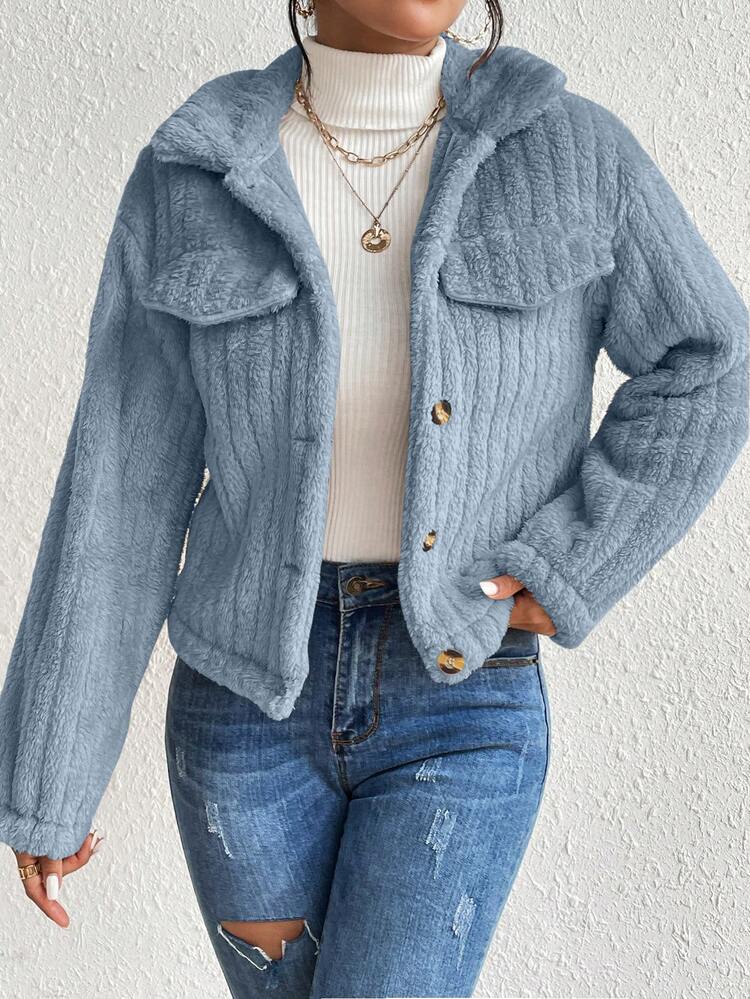 SHEIN LUNE Solid Color Front Button Casual Long Sleeve Jacket Fall Winter Cloth For Women - Blue - View 6
