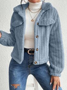 SHEIN LUNE Solid Color Front Button Casual Long Sleeve Jacket Fall Winter Cloth For Women - Blue - View 9
