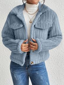 SHEIN LUNE Solid Color Front Button Casual Long Sleeve Jacket Fall Winter Cloth For Women - Blue - View 4