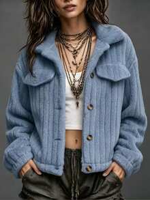 SHEIN LUNE Solid Color Front Button Casual Long Sleeve Jacket Fall Winter Cloth For Women - Blue - View 8