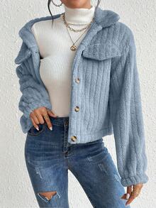 SHEIN LUNE Solid Color Front Button Casual Long Sleeve Jacket Fall Winter Cloth For Women - Blue - View 5