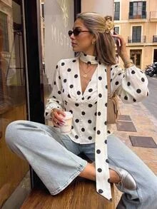 Serisse Women's Elegant Deep V-Neck Polka Dot Long Sleeve Fitted Woven Blouse With Ruffle Details And Button Closure, Turtleneck Whitebrunch TeaCommuterautumn - Multicolor - View 2