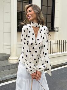 Serisse Women's Elegant Deep V-Neck Polka Dot Long Sleeve Fitted Woven Blouse With Ruffle Details And Button Closure, Turtleneck Whitebrunch TeaCommuterautumn - Multicolor - View 7