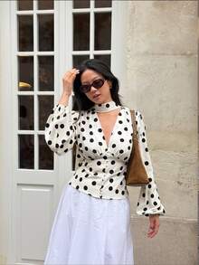 Serisse Women's Elegant Deep V-Neck Polka Dot Long Sleeve Fitted Woven Blouse With Ruffle Details And Button Closure, Turtleneck Whitebrunch TeaCommuterautumn - Multicolor - View 10