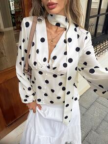 Serisse Women's Elegant Deep V-Neck Polka Dot Long Sleeve Fitted Woven Blouse With Ruffle Details And Button Closure, Turtleneck Whitebrunch TeaCommuterautumn - Multicolor - View 5