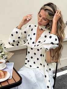 Serisse Women's Elegant Deep V-Neck Polka Dot Long Sleeve Fitted Woven Blouse With Ruffle Details And Button Closure, Turtleneck Whitebrunch TeaCommuterautumn - Multicolor - View 8