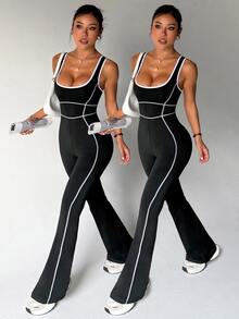 SHEIN Velisys Women's Wide Strap Tank Top, Fitted, Flared, Colorblock, Sports Jumpsuits, Yoga, Outdoor, Gym - Black - View 1